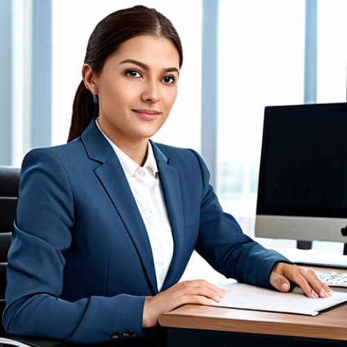 Home 26 ** A professional businesswoman in a modest business suit, sitting at a desk in a modern office, fully clothed, appropriate attire, safe for work, perfect anatomy, natural proportions, professional photography, high quality.
**