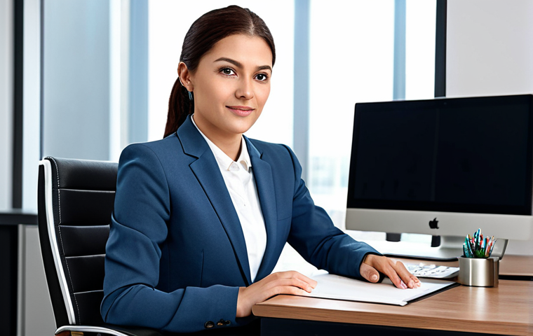 ** A professional businesswoman in a modest business suit, sitting at a desk in a modern office, fully clothed, appropriate attire, safe for work, perfect anatomy, natural proportions, professional photography, high quality.

**