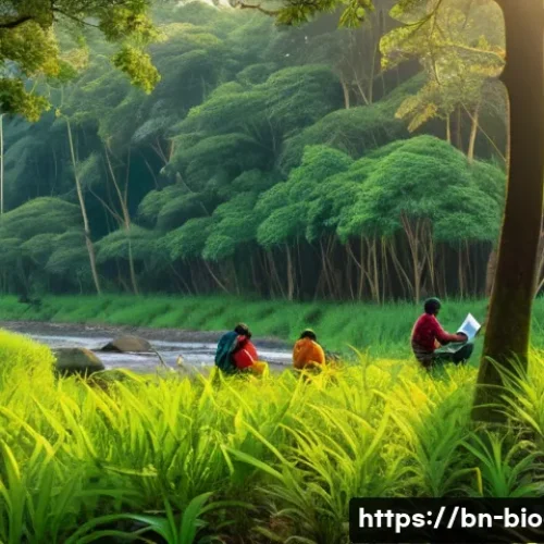 Home 12 생물다양성 보전 전문가 업무 사례 - A detailed and vibrant forest scene in a lush Bengali landscape, showing local researchers in light ...
