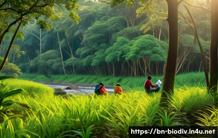 생물다양성 보전 전문가 업무 사례 - A detailed and vibrant forest scene in a lush Bengali landscape, showing local researchers in light ...
