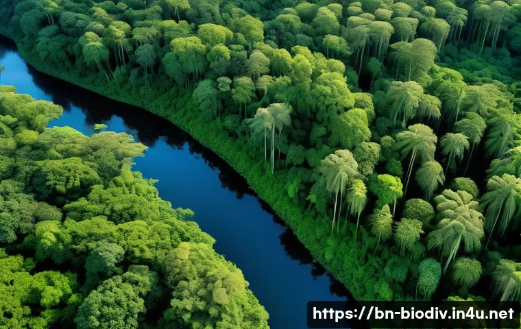 생물다양성 보전 분야 최신 트렌드 - A detailed aerial view of a dense tropical forest in Bangladesh captured by a drone, showing diverse...