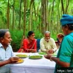 생물다양성 보전 전문가 업무 목표 설정 - A vibrant Bengali rural community meeting outdoors in a lush green forest clearing, with diverse loc...