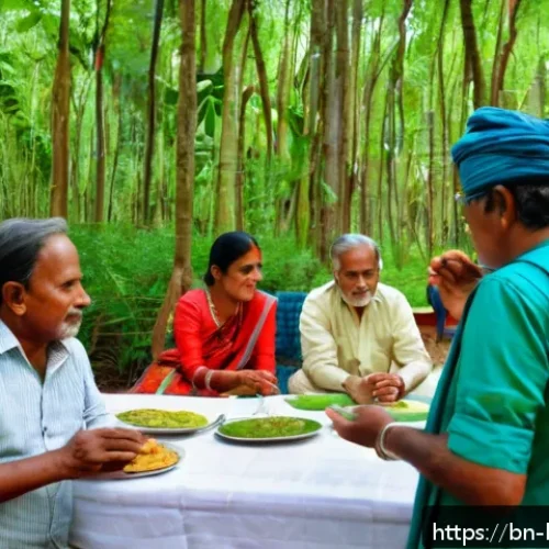 생물다양성 보전 전문가 업무 목표 설정 - A vibrant Bengali rural community meeting outdoors in a lush green forest clearing, with diverse loc...