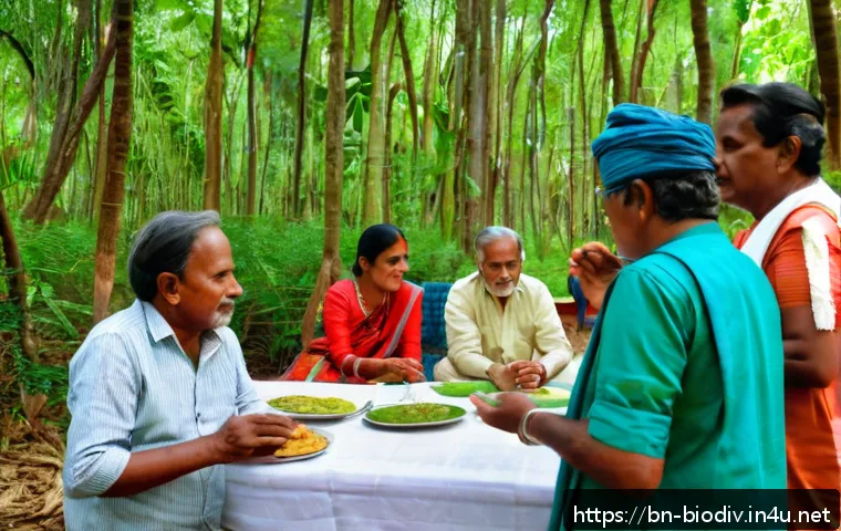생물다양성 보전 전문가 업무 목표 설정 - A vibrant Bengali rural community meeting outdoors in a lush green forest clearing, with diverse loc...