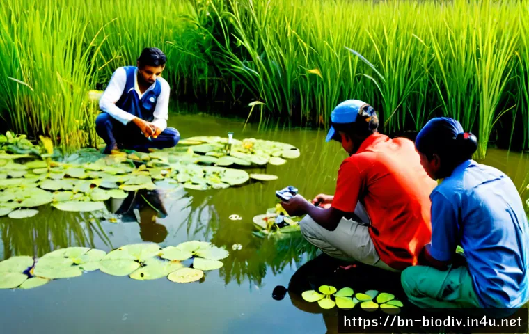생물다양성 보전 분야 실무 교육 - Photorealistic hands-on biodiversity conservation training in a lush Bangladesh wetland, diverse adu...