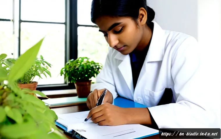 생물다양성 보전 자격증 취득 절차 - Photorealistic environmental science student in a bright university laboratory, carefully examining ...